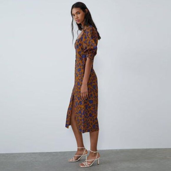 ZARA FLORAL PRINTED PUFF SLEEVE MIDI POPLIN DRESS - Picture 3 of 4